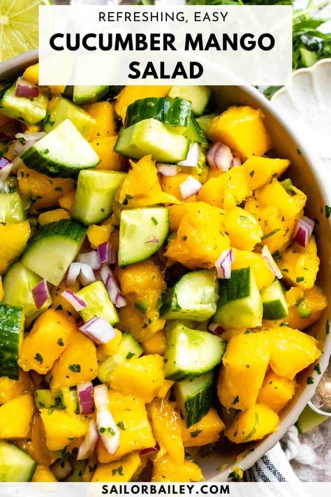 Cucumber Mango Salad is the perfect refreshing, sweet, savory salad to enjoy in the summer. It's hydrating and addictive.
 via @sailor_bailey Watermelon Basil Salad, Cucumber Mango, Easy Veggie Side Dish, Sailor Bailey, Macro Counting, Blueberry Salad, Savory Salads, Best Appetizer Recipes, Mango Salad