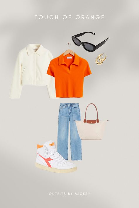 Outfit inspo with orange accents How To Style Orange Top, Orange Top Outfit Ideas, Orange Top Outfit, Orange Shirt Outfit, Colorful Outfit, Longchamp Bag, Orange Accents, Top Outfit, Everyday Basics