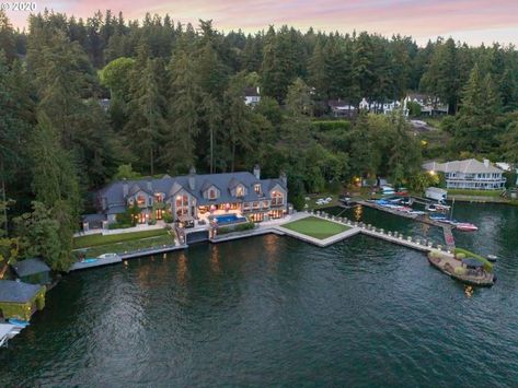 Lake Oswego Summer Retreat with Attached Boat Garage Asks $11.88M (PHOTOS) - Pricey Pads Oregon Lakes, Boat Garage, Lake Oswego Oregon, Double Island Kitchen, Double Islands, Lake Oswego, Forest Hills, Boat Dock, Delray Beach