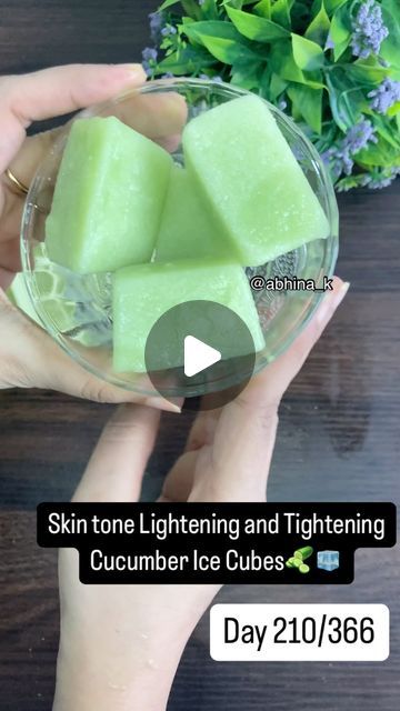 Abhina Khandagale on Instagram: "Day 210/366✅ challenge 
Skin tone Lightening and Tightening Cucumber Ice Cubes 🥒🧊

Ingredients used- 
1 medium sized cucumber 🥒
2 tsp rice powder 🌾
1 ice tray 🧊

Procedure 
Grind 1 medium sized cucumber into a smooth paste 🥒
In a bowl add 1 medium sized cucumber paste 🥒, 2 tsp rice powder 🌾 and mix well .
Pour this in an ice tray 🧊.
Freeze it overnight 🌙
Use this cucumber ice cubes every day to get bright and glowing skin with every use 🦋
 
Benefits 
🟡instant brightening and whitening effect 
🟡Skin becomes bright and glowing ✨

Please leave a like and follow my page - @abhina_k for such easy Skincare tips 🫶🏻
Thank you for watching ❤️✨

 [skin , skincare , beautyfromwithin , everyday post, viral, trending ,face mask, parlour like glow ,face wa Cucumber Ice Cubes, Like And Follow My Page, Face Washing Routine, Easy Skincare, Rice Powder, Glow Face, Follow My Page, Homemade Face Masks, Skin Skincare