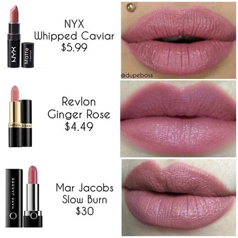 DUPE PROOF  Looking for a beautiful dusty rose lipstick?! WELL @marcbeauty Lip Créme in the shade Slow Burn ($30) has 2 alternatives that come very close in shade! The @nyxcosmetics lipstick in the shade Whipped Caviar for $5.99 AND the @revlon lipstick in shade Ginger Rose for $4.49! What's your fav? Comment Below  We hope this dupe helped @_gryffindors ❤️❤️ #nyx swatch by @lizbranquela  #revlon swatch by @flrnc.x ❤️ and #marcjacobs swatch by @dontcallmejesse #dupeboss Dusty Rose Lipstick, Ginger Rose, Best Lipstick Color, Revlon Lipstick, Lipstick Kit, Makeup Lips, Rose Lipstick, Lipstick Art, Beauty Make-up