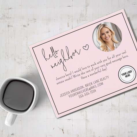 Personalized Pink Hello Neighbor Real Estate Postcard Realtor Postcards, Marketing Postcard, Hello Neighbor, Real Estate Postcards, Personalized Stationary, Realestate Marketing, Real Estate Tips, Promote Your Business, Diy Business