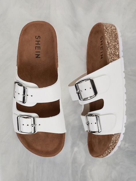 Free Returns ✓ Free Shipping On Orders $49+ ✓. Double Buckle Cork Footbed Slide Sandal WHITE- Women Flat Sandals at SHEIN. Trendy Slippers For Women, Girly Sandals, Sandals Aesthetic, Strap Sandals Flat, Trendy Slippers, Slippers Outfit, Cork Footbed Sandals, Women Slippers Fashion, Stylish School Bags