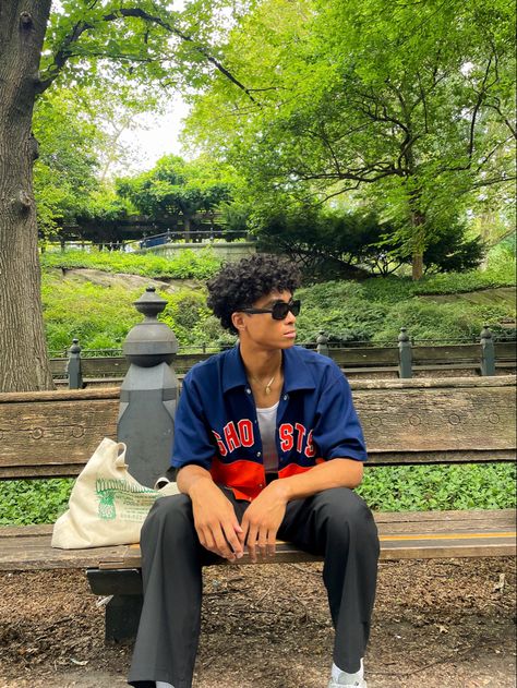 Wearing Lexxola Sunglasses, Thrifted “Ghosts” baseball jersey, and black HOPE trousers Baseball Jersey Fits Men, Mens Baseball Jersey Outfit, Baseball Outfits Men, Mens Jersey Outfit, Baseball Jersey Outfit Men, Lexxola Sunglasses, Filipino Outfits, Central Park Bench, Oversized Baseball Jersey