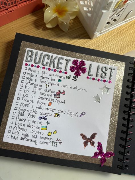 Scrapbook Ideas Bucket List Summer 2023 TeenLife Scrapbook Call me Bea Scrapbook Bucket List Page, Bucket List Scrapbook Ideas, Summer Bucket List Scrapbook, Scrapbook Ideas Teenage, Teenage Life Scrapbook, Teenage Years Scrapbook, Our Summer Scrapbook, Summer Scrapbook Cover Ideas, Summer Scrapbook Page Ideas