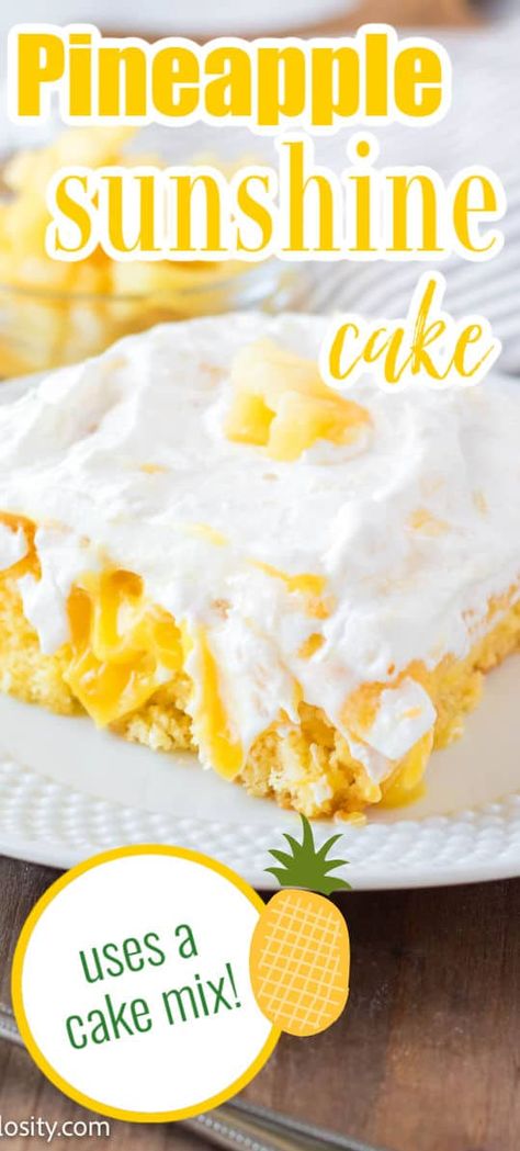 Pineapple Sunshine Cake Pineapple Sun Shine Cake, Southern Pineapple Sunshine Cake, Pineapple Surprise Cake, Crushed Pineapple Cake Mix Recipes, Pineapple Summer Cake, Pineapple Poke Cake Easy, Pineapple Cake Mix Ideas, Easy Pineapple Cake Recipe, Hawaiian Cake Recipe