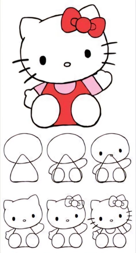 Hello Kitty Pants Drawing, Drawing Ideas Easy Sanrio, How To Draw Sanrio, Sanrio Drawings Easy, Hello Kitty Line Art, How To Draw Hello Kitty, Sanrio Characters Drawing, Easy Cartoon Drawings Step By Step, Hello Kitty Doodle