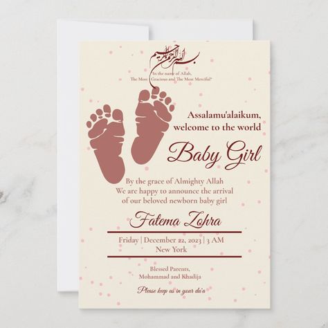 Footprint Pink Baby Girl Muslim Birth Announcement Arabic Bismillah, Girl Muslim, Birth Announcement Template, Pink Baby Girl, Pink Baby, Baby Announcement, Birth Announcement, Hat Crafts