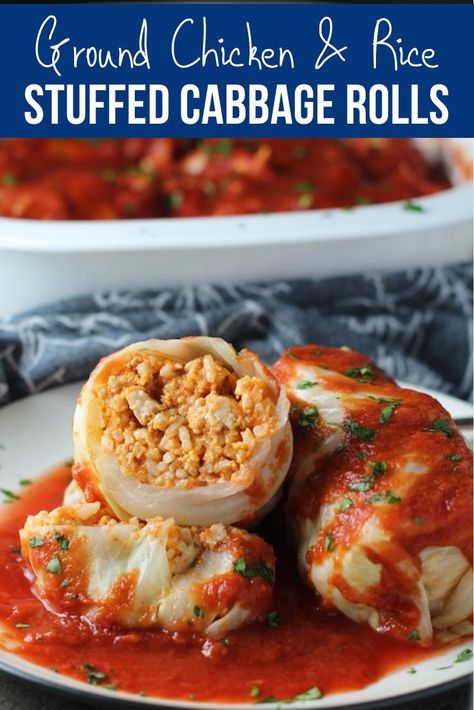 This is a great make-ahead family dish!  Stuffed Cabbage Rolls, or Golumpki are a traditional Polish and Slavic culture. This recipe uses ground chicken, paprika, parmesan, tomato paste, garlic, and onion for tons of flavor! It's topped with a delicious and tangy tomato sauce so the kiddos just love this too! This is not only delicious and hearty, but it's also lean and healthy!! #familydinnerideas #stuffedcabbagerolls #golumpki #groundchicken #chickendinnerideas Ground Chicken Stuffed Cabbage Rolls, Chicken Cabbage Rolls Recipe, Ground Chicken Cabbage Rolls, Chicken Stuffed Cabbage Rolls, Chicken Cabbage Rolls, Ground Chicken Recipes For Dinner, Stuffed Veggies, Farmhouse Cooking, Chicken Paprika