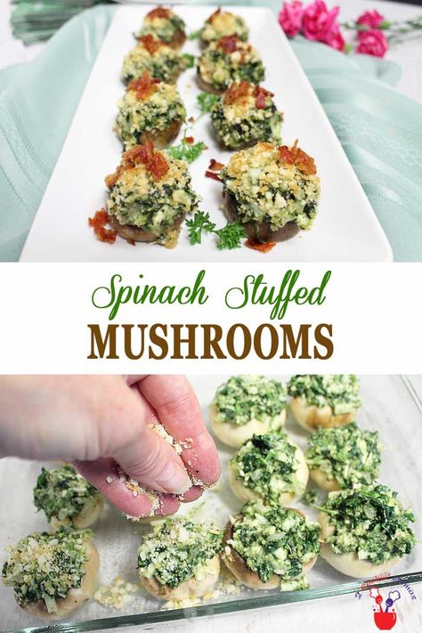 These Spinach Stuffed Mushrooms are small bites of cheesy deliciousness, stuffed full of spinach and bacon with a touch of cayenne, making them the perfect appetizer for any occasion. Stuff a portobello and they become a meal all by themselves! #appetizers #stuffedmushrooms #spinach #bacon #stuffedmushroomswithspinach  via @2CookinMamas Food To Make With Friends, Recipe For Lasagna, Shrimp Cheese, Fried Onion Rings, Spinach And Bacon, Mushroom Bacon, Cheesy Spinach, Easy Thanksgiving Recipes, Large Family Meals