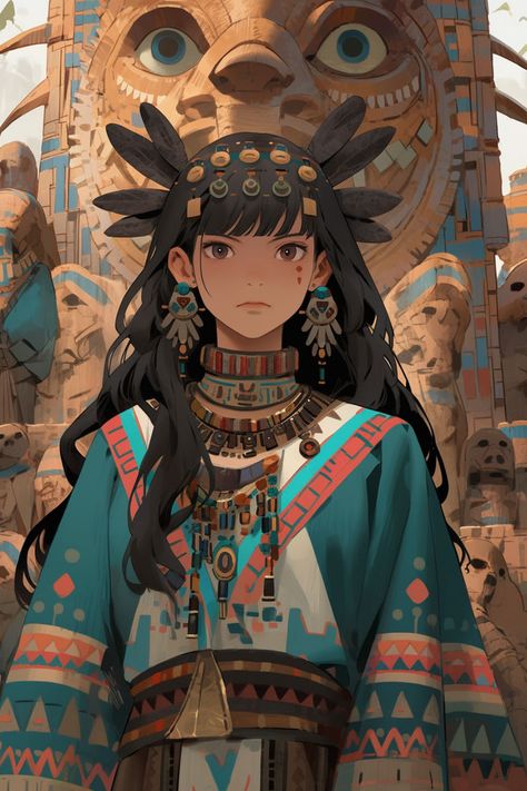 Aztec Anime Priestess: Discover the enchanting fusion of ancient civilizations and the anime world in this mesmerizing image! Aztec Concept Art Character Design, Anime Priestess Character Design, Aztec Anime, Aztec Character Design, Aztec Priest, Anime Priestess, Fantasy Priestess, Aztec Queen, Aztec Architecture