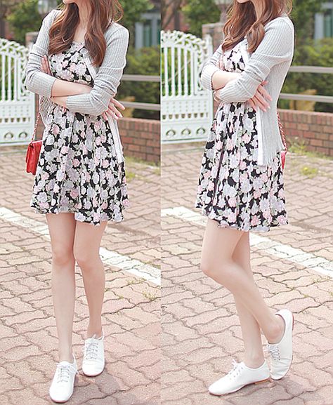 Amazing first date dress! :) Casual Dress Sneakers Outfit, Spring Sundress Outfits, Dress And Cardigan Outfit Summer, Petite Asian Fashion, Summer Dress With Cardigan, Sundress Outfit, Cute Asian Fashion, Dress Date, Dress Cardigan