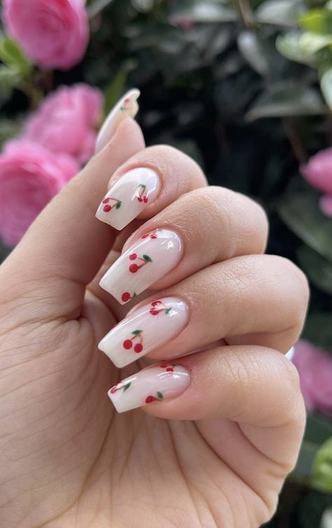 White Nails With Cherry Design, Cherries Nail Art, Spring Nails Cherry, Spring Nail Art 2024, Summer Nails Cherry, Nails Cherries, Cherry Nails Designs, Nails With Cherries, Nails With Cherry