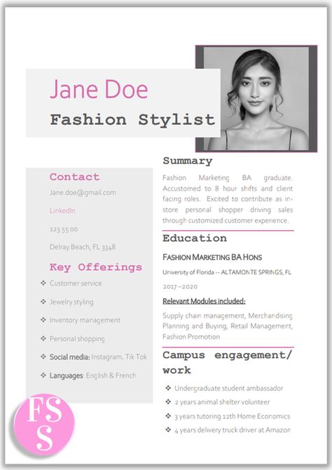 Need an Entry Level Fashion Stylist Resume Template? This creative resume comes recommended by recruiters. For more entry level resume tips & templates visit our website. Features * matching Cover Letter * Letter & A4 size * Word format * With photo * grey & pink resume design * pastel pink resume #creativecvideas #fashionresumetemplate Fashion Resume Examples, Fashion Cv Template, Resume For Fashion Designer Fresher, Cv For Fashion Designer, Fashion Cv Examples, Fashion Designer Cv Creative Resume, Cv Fashion Designer, Fashion Stylist Resume, Fashion Stylist Portfolio