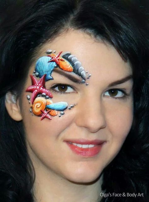 Sea shells design Sea Creatures Face Painting, Sea Creatures Makeup, Sea Creature Face Paint, Face Painting Sea Theme, Underwater Face Painting, Mermaid Face Paint, Eye Face Painting, Face Painting Images, Adult Face Painting