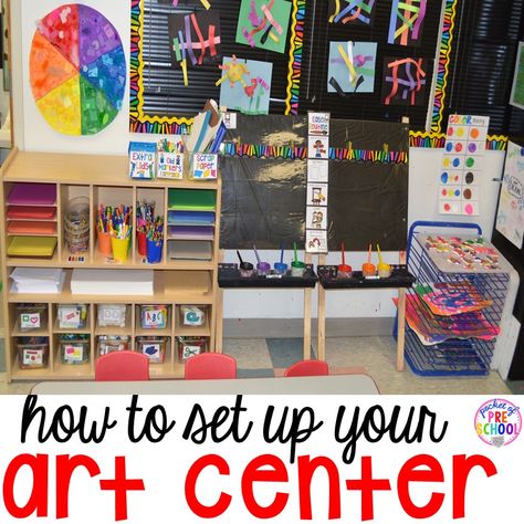 How to set up the art center in your early childhood classroom (with ideas, tips, and book list) plus an art center freebie Art Center Preschool, Pocket Of Preschool, Preschool Lunch, Daycare Room, Preschool Rooms, Block Center, Prek Classroom, Preschool Centers, Classroom Centers