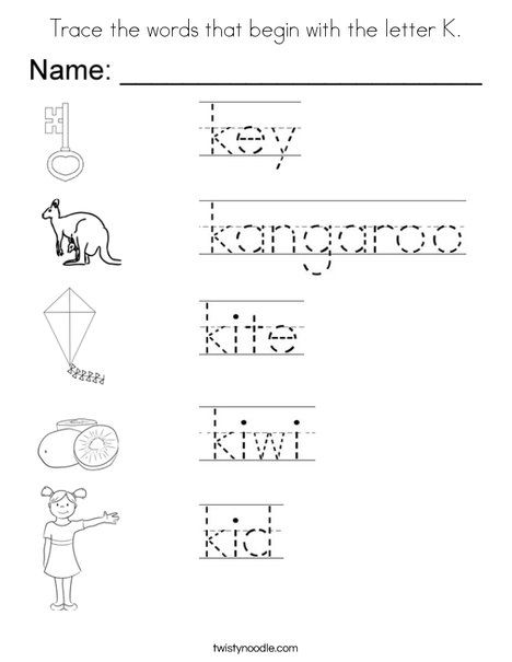 Trace the words that begin with the letter K Coloring Page - Twisty Noodle Letter K Coloring Page, Letter K Words, K Words, Words For Kindergarten, Letter A Coloring Pages, Alphabet Worksheets Kindergarten, Cursive Writing Worksheets, Cursive Words, The Letter K