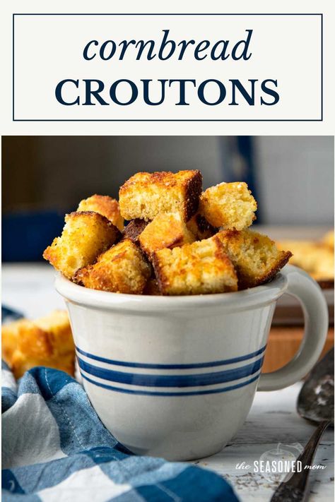 Take advantage of your leftover cornbread and make these easy cornbread croutons! Crispy, golden brown, and flavorful, the toasted cubes are a delicious addition to your next salad. Pot Of Beans, Creamed Corn Cornbread, Cornbread Croutons, Easy Cornbread, Leftover Cornbread, Ground Turkey Chili, Bowl Of Chili, How To Make Cornbread, Okra And Tomatoes