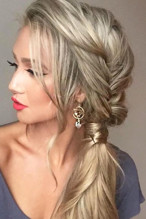 Elegant Ways to Style Side Braid for Long Hair ★ See more: http://lovehairstyles.com/side-braid-long-hair/ Side Pony With Braid Wedding, Side Ponies Hairstyles, Side Hairdos For Long Hair, Side Pony Hairstyles Wedding, Elegant Side Braid, Bridesmaid Hairstyles Side Braid, Side Pony Updo Wedding, Simple Side Braids For Medium Hair, Fancy Side Ponytail Hairstyles