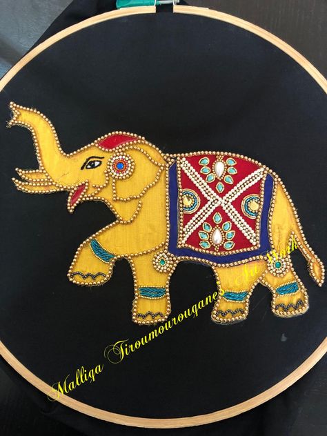 Elephant Motif Aari Design, Indian Patchwork Embroidery, Elephant Drawing Aari Work, Elephant Drawing For Aari Work, Aari Work Elephant Designs, Fabric Paint With Aari Work, Elephant Aari Design, Elephant Fabric Painting, Pipli Embroidery