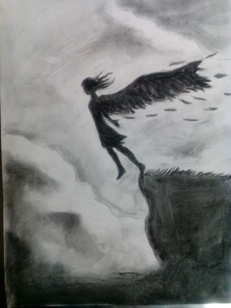 Fallen angel drawn in charcoal Fallen Angel Drawing Sketches, Angel Pencil Drawings, Falling Angel Drawing, Simple Charcoal Drawing, Fallen Angel Drawing, Aesthetic Sketches, Simple Arts, Crying Angel, Falling Angel