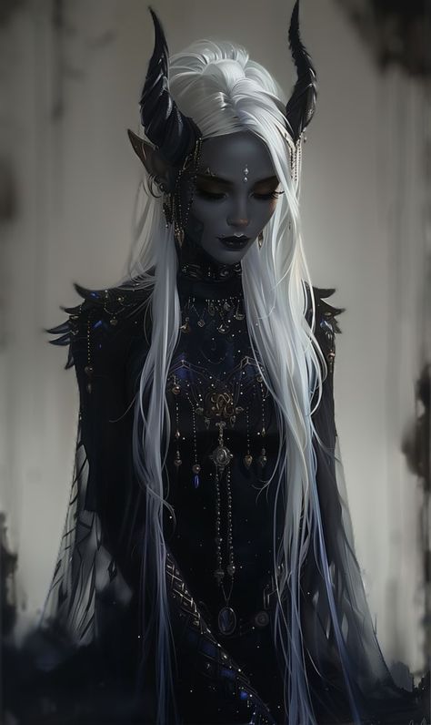 Evil Elf Queen, Dark Elf Sorceress, Tiefling Cleric Female, Drow Tiefling, Horned Elf, Drow Character Art, Pathfinder Rpg Characters, Elven Woman, Dark Fae