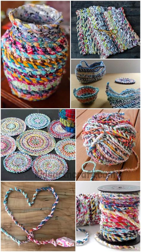 Fabric Twine Crafts Making Twine From Fabric Scraps, Fabric Scrap Twine, Recycle Fabric Ideas, Fabric Twine Projects Ideas, Crochet With Fabric Strips, Fabric Strips Projects, Fabric Twine Projects, Weaving Fabric Strips, Fabric Necklace Diy