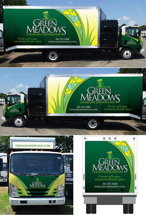 Green Landscaping Contractor Truck Wrap Design by Paul Kiesche. The wrap features a green and yellow design with flowers and grass to compliment the company branding.   #landscapecontractor #landscaper #truckwrap #vehiclewrap #greentruckwrap Truck Design Graphics, Contractor Truck, Vehicle Graphics Branding, Truck Wraps Graphics, Truck Wrap Design, Van Graphics, Bus Motorhome, Matte Cars, Delivery Trucks