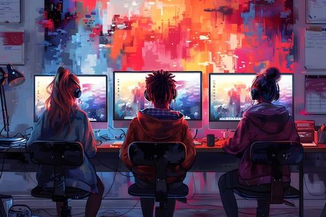 Photo group of friends playing computer ... | Premium Photo #Freepik #photo Ppt Ideas, Playing Computer, Friends Playing, Play Computer Games, Computer Games, Photo Grouping, Group Games, Anime Child, Cartoon Games