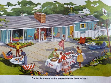 Midcentury Patio, Roger Wilkerson, 50s House, Modern Outdoor Spaces, Happy Families, Mid Century Illustration, Patio Party, Fauvism, Vintage Life