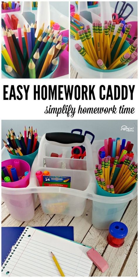 Make homework time a little easier with this simple to make homework caddy#backtoschool #homeworkhelpers #organization #homeworkstation #jugglingactmama #back2school #bts Homework Caddy, Kids Homework Station, School Paper Organization, Homework Area, Baby Room Storage, Homework Organization, Diy Organizer, Homework Station, Baby Room Organization