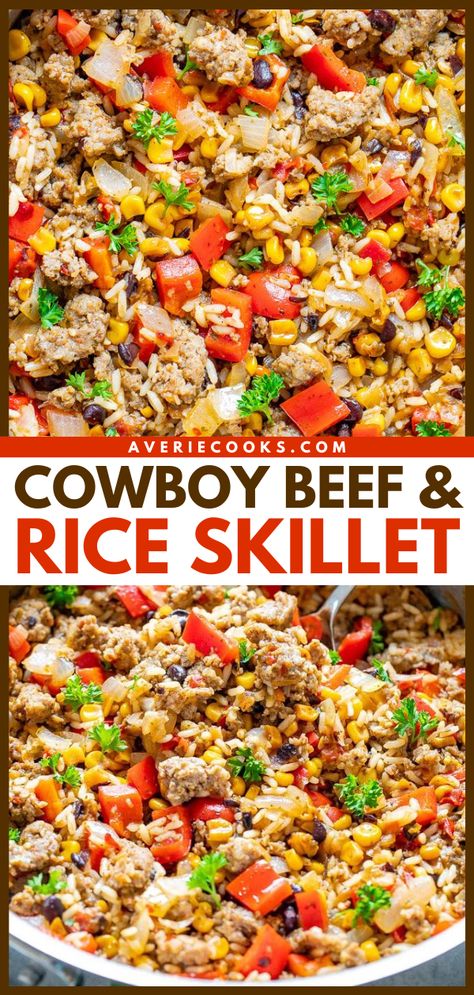 15-Minute Tex-Mex Ground Beef & Rice Skillet - Averie Cooks Beef And Rice Skillet, Beef Mac And Cheese, Ground Beef Rice, Rice Skillet, Beef Rice, Averie Cooks, Skillet Dishes, Hearty Comfort Food, Cowboy Caviar