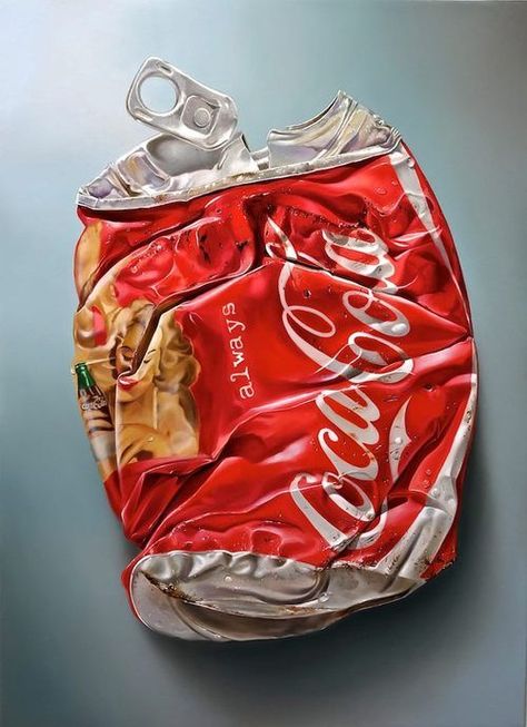 Who : Tjalf Sparnaay What : Coke Crush - 2010   Oil on Canvas  Why?	:	Because I like how Sparnaay has used oil paints to create a photographic, realist effect.  He has given a twist and added interest to his subject by using a crushed Coke can rather than a perfect one.  The plain background means the viewer can concentrate solely on the subject. Tjalf Sparnaay, Oil Painting Videos, Oil Painting For Beginners, Hyper Realistic Paintings, Realistic Oil Painting, Ghost In The Machine, Oil Painting Tutorial, Food Painting, Realistic Paintings