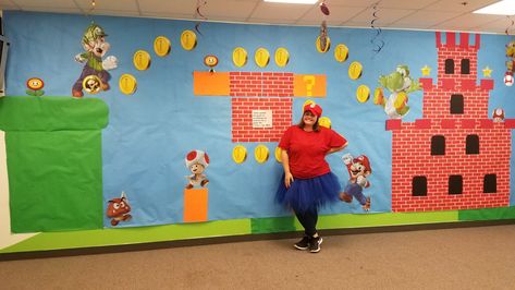 Princess Peach Classroom Door, Mario Brothers Classroom Theme, Mario Room Transformation, Super Mario Door Decorations, Vbs Bulletin Board Ideas, Mario Vbs Decorations, Mario Classroom Theme, Tetris Decorations, Vbs Twists And Turns Decorations