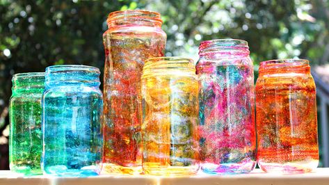 Mark Montano: Tie Dye Glass Jars Tinting Mason Jars Diy, Dye Mason Jars, Tie Dye Candles, Rainbow Glassware, Bestie Wedding, Mark Montano, Tinted Mason Jars, Tie Dye Painting, Battery Operated Tea Lights