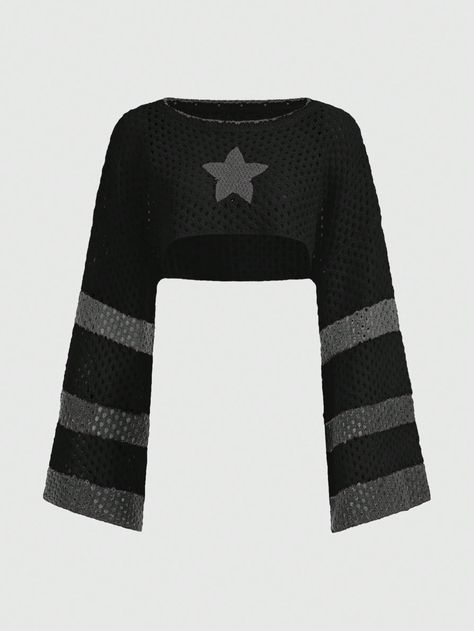 Star Pattern Bell Sleeve Crop Sweater Multicolor Casual  Long Sleeve Knitwear Geometric,Striped Pullovers Slight Stretch  Women Clothing, size features are:Bust: ,Length: ,Sleeve Length: Cute Crop Sweaters, Stars Aesthetic Clothes, Cute Star Outfits, Clothes Ideas Y2k, Crochet Tapestry Sweater, Lana Clothes, Cute Knitted Sweaters, Star Clothes, Black And White Clothes