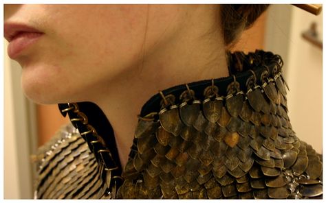 Very nice way of doing a collar- I like how it splits in front to showcase the wearer's neck (also looks way more comfortable for the wearer than most scale collars). Chainmail Clothing, Scale Armor, Riveted Ring, Scale Mail, Show Me The Way, Crafts Workshop, Chain Mail, Brass Ring, Leather Collar