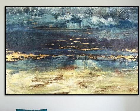 Acrylic Modern Painting, Abstract Art Blue, Yellow Wall Art, Grand Art Mural, Yellow Wall, Blue Abstract Painting, Stretched Painting, Seascape Art, Art Texture