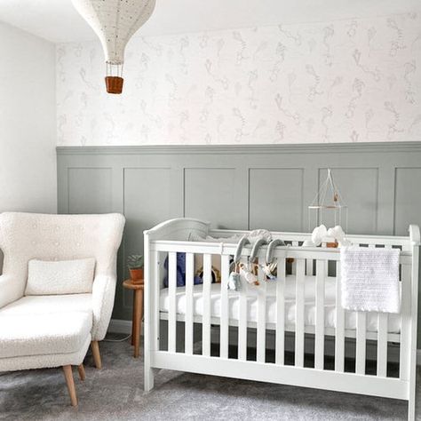 Panelling One Wall, Nursery With Panelling, Wood Panel Nursery, Nursery With Wall Paneling, Kids Room Wall Panelling, Nursery Room Panelling, Nursery Wall Paneling Ideas, Nursery Wood Paneling, Half Wall Paneling Nursery