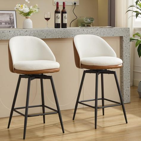 Counter Height Bar Stools Set of 2, 26" Swivel Barstools with Back, Brown PU Leather + Beige Linen Barstools With Back, Rattan Counter Stools, Kitchen 2024, Island Stools, Swivel Barstools, Modern Kitchen Island, Shop Counter, Kitchen Island With Seating, Counter Height Chairs