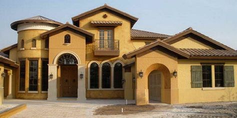 Exterior House Colors Florida #ExteriorDecoration #ExteriorDecoration #housepainters Yellow Exterior House Colors, Modern House Colors, Best Exterior House Paint, Exterior Paint Schemes, Embossed Wall, Exterior House Paint, Mediterranean Exterior, Mix Chocolate, Exterior House Colors Combinations