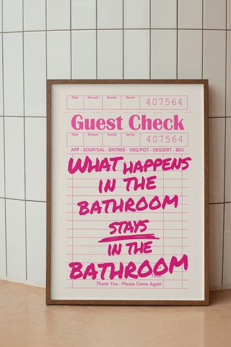 Bathroom Wall Art | College Bathroom Decor | Guest Check Wall Art | Bathroom Prints | Cute Bathroom Decor | Pink Bathroom Decor

Elevate your bathroom decor with our quirky Guest Check wall art. This cute and trendy bathroom print will add a touch of preppy charm to your space, making it a perfect addition to your decor!

★ Digital download - simply print, frame and hang!
★ Purchase includes 5 size ratios

This is a digital item only, no physical item will be sent Eclectic Bathroom Art, Bathroom Funny Decor, Fun Bathroom Wall Art, What Happens In The Bathroom Stays, Cute Bathroom Prints, Wall Prints Preppy, Aesthetic Bathroom Posters, Bathroom Picture Ideas Wall Art, Bathroom Prints Art