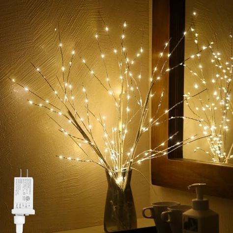 Branches For Vases, Birch Tree Branches, Lighted Tree Branches, Vase With Branches, Birch Branches, Warm White Led Lights, Decorating Living Rooms, Rustic Aesthetic, Indoor String Lights