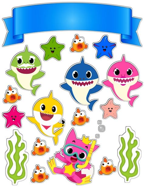 Baby Shark Bajo el Mar: Toppers para Tartas, Bizcochos o Pasteles para Imprimir Gratis. Shark Printables, Shark Cupcakes, Shark Birthday Cakes, Baby Shark Doo Doo, Shark Themed Birthday Party, Shark Cake, Shark Family, Shark Birthday Party, Birthday Cake Topper Printable