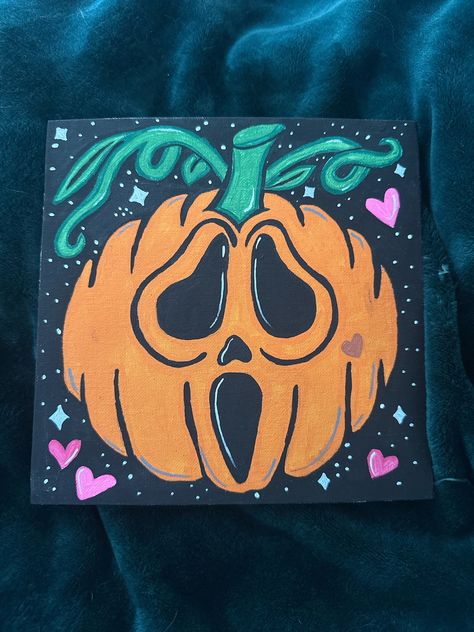 Pumpkin version of ghostface Trippy Ghost Face Painting, Pumpkin Painting Picnic, Fall Halloween Paintings, Painting Of Pumpkins, Ghostface Painting Easy, Ghost Painted Pumpkins, Ghostface Painting Canvas, Pumpkin Painting Ideas On Canvas, Ghostface Pumpkin Painting