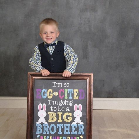 I'm So Egg-Cited I'm Going To Be A Big Brother | Easter Themed Pregnancy Announcement Idea | Baby Reveal | Spring Pregnancy Announcement | Easter Bunny Easter Baby Announcement, Easter Pregnancy Announcement, Easter Photo Props, Baby Reveal Shirt, Promoted To Big Brother, Pregnancy Announcement Photos, Big Brothers, Pregnancy Announcements, Easter Photos