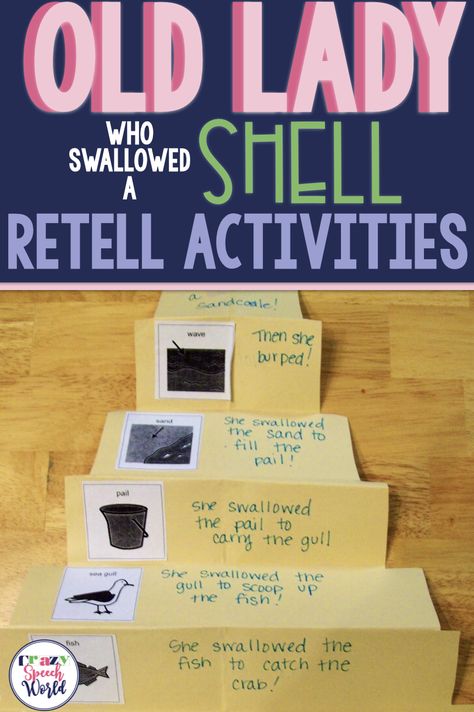 Retell and sequencing activities  for "There Was an Old Lady Who Swallowed a Shell" #speechtherapy High School Speech Therapy, School Speech Therapy, Language Therapy Activities, Slp Activities, My Favorite Books, Speech Ideas, Sequencing Activities, Plant Life Cycle, Speech Therapy Resources