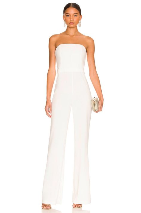 Back Panel Design, Olivia White, Wedding Party Outfits, Perfect Pant, Alice And Olivia, White Jumpsuit, Off White Color, Crepe Fabric, Wide Leg Jumpsuit