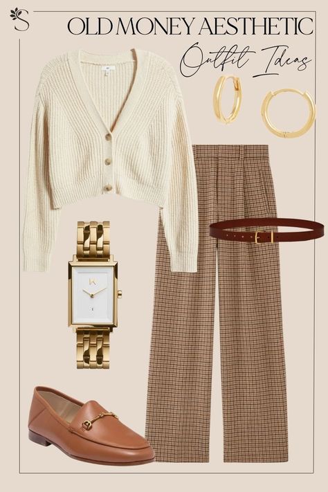 Old Money Aesthetic Outfits - Cardigan and Trousers Old Money Outfits Medium Size, Business Cardigan Outfit, Old Money Cardigan Outfit, Old Money Cardigan, Young Mom Style, Cardigan Outfit Ideas, 2025 Aesthetic, Chic Capsule Wardrobe, Office Fits