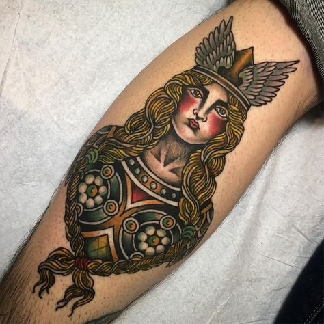 Super stoked to finally get to do this valkyrie on my friend @olde_tyme_andy! Thanks bud! 💙 #heatherbaileytattoo Viking Shield Tattoo, Freya Tattoo, School Reference, Traditional Viking Tattoos, Shield Tattoo, Traditional Black Tattoo, Heather Bailey, Tattoo Reference, Viking Shield